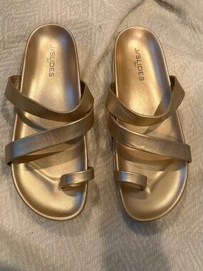 NWOT J/Slides Gold Metallic Strappy Slide Sandals size 10